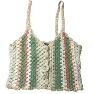 FOREVER 21 Crochet Crop Tank Size S Green White Striped Bra Top Party Festival